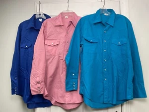 Lot of 3 VTG Malco Modes Mens Medium Western Pearl Snap Shirt 16 33 Blue Pink - Picture 1 of 14