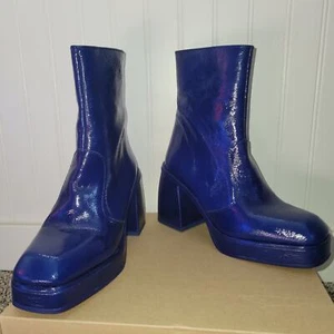 Free People Retro Ruby Shine Groovy Blue Platform Leather Boots Size US 6.5 - Picture 1 of 12