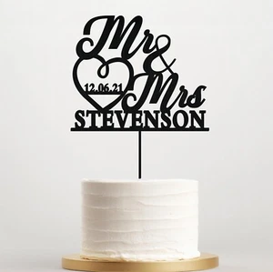 Personalised Wooden Mr & Mrs Wedding Cake Topper with Date, Anniversary Keepsake - Picture 1 of 6