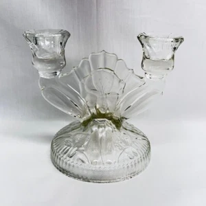 Vtg Double Iris Herringbone Candle Holder Jeannette Glass 4 1/2" W x 6" L x5" H - Picture 1 of 6