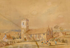 C. Davy, Rural Church with Rustic Figures – Original 1839 watercolour painting