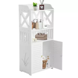 3 Tier 2 Doors WPC White Bathroom Cabinet Shelf Cupboard Storage Unit Bedroom - Picture 1 of 12