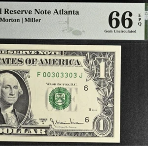 1977A $1 Federal Reserve Note - PMG 66EPQ - Fancy Serial Number 00303303 - Picture 1 of 3