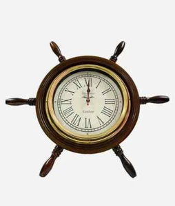 18'' Nautical Wooden Ship Wheel Brown Wall Clock | Maritime Wooden Clock Home - Picture 1 of 6