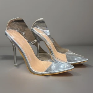 Klare transparente/silberne Stilettos Damen spitz zulaufend neu Größe 5,5 - Bild 1 von 4
