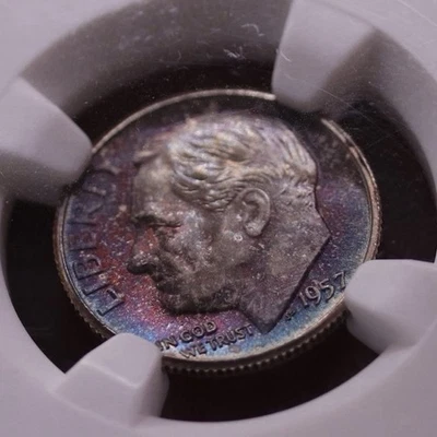 1957 Roosevelt Dime MS66 NGC • Silver Era Beauty • Deep Purple Toning - Image 1 of 4