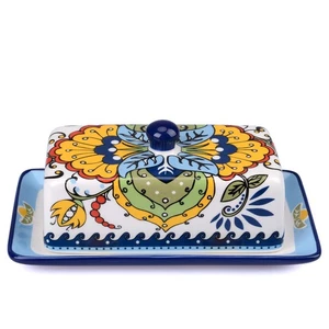 Hand Drawn Ceramic Butter Dish with Lid, Farmhouse Butter Plate Tray with Cov... - Picture 1 of 7