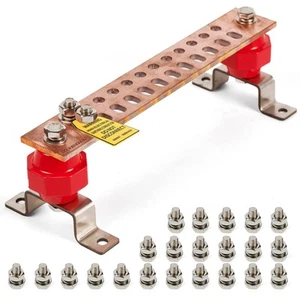 12" Heavy-Duty Copper Ground Bar Kit,Grounding Bus Bar,with 24 x 0.41’’ Holes... - Picture 1 of 7