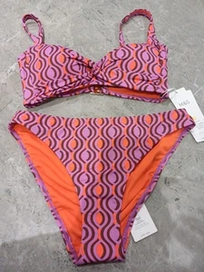 M&S Printed Padded Plunge Bikini Top Size 10 & High Leg Bikini Bottoms Size 8 - Picture 1 of 13