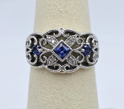 Vintage Sterling Silver Filigree Blue Sapphire Ring Size 7 Art Deco Victorian - Image 1 of 4