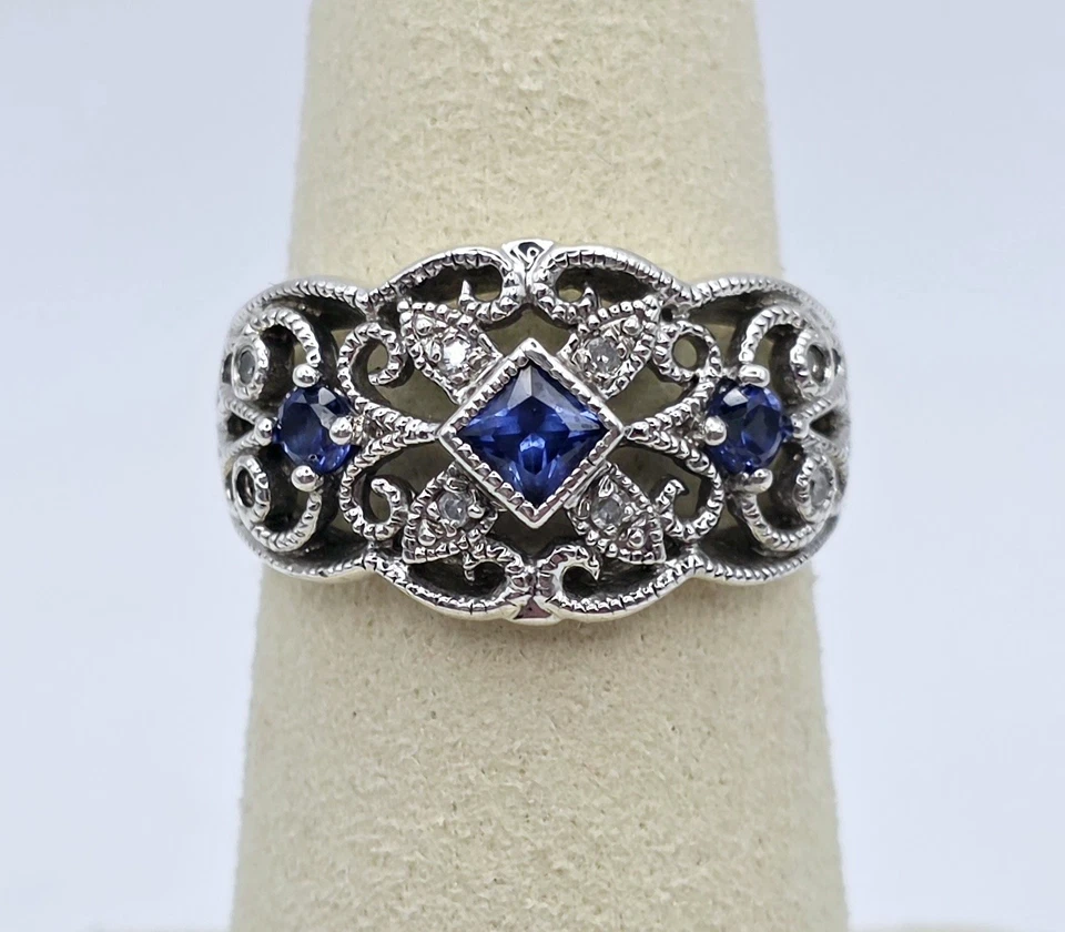 Vintage Sterling Silver Filigree Blue Sapphire Ring Size 7 Art Deco Victorian - Image 1 of 4