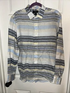 Camisa Club Room Lino Hombres L Azul Rayas Resort Viaje Playa Boda Verano Genial - Imagen 1 de 8