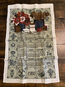 vtg 1980 Linen Calendar Teapot Towel Cloth Mod MCM Ginger utensils - Picture 1 of 8