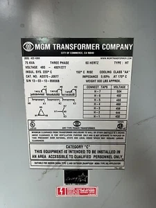 MGM 75 KVA 3 Phase Transformer 480Y/277 60 Hertz - Picture 1 of 2