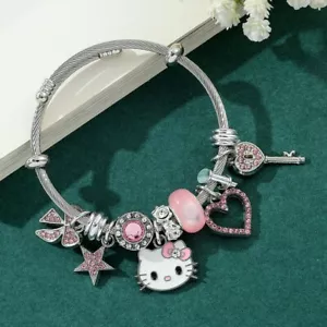 Hello Kitty Charm Bracelet Girl Bangles Pink Crystals on Hearts - U.S stock - Picture 1 of 5