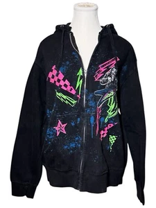 Vintage 2000 Y2K Top Heavy Neon Black Full Zip Hoodie Large Luxury - Bild 1 von 5