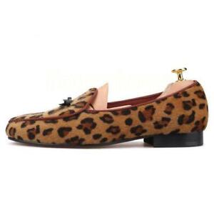 Mens Leopard Shoes Genuine Suede Leather Loafers Slip on Dress Casual Occident