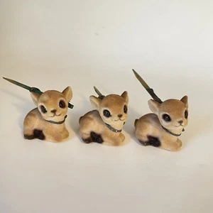 Set (3) Vintage Flocked Deer Fawns Floral Picks 2" Christmas Japan - Picture 1 of 9