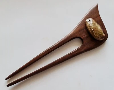AUTHENTIC HANDMADE WOODEN HAIR PIN STICK PICK SONO WOOD WITH NATURAL SEA SHELL - Image 1 of 3
