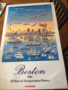 Vintage Kunst Airline TWA BOSTON 1980 350 Jahre Transportgeschichte 40 x 25 Zoll Poster - Bild 1 von 8