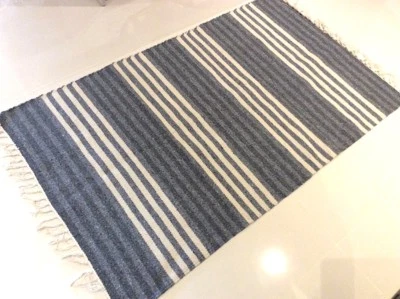 ECO Friendly STEEL BLUE GREY STRIPED Recycled Cotton Reversible Washable Rug - Image 1 of 4