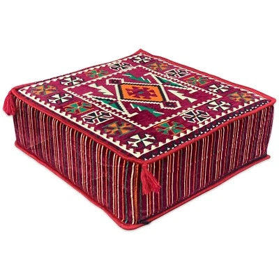 Large Burgundy Moroccan-Style Square Kilim Pouffe Cover Foot Stool Home Decor - Image 1 of 4