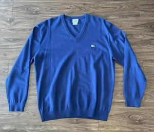 Lacoste Sweater Mens Extra Large Blue V Neck Pure Wool Crocodile Logo Pullover - Picture 1 of 6