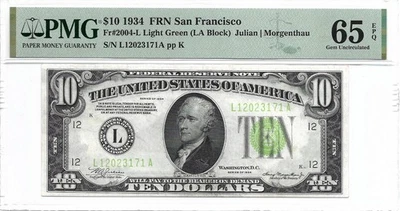 1934 $10 SAN FRANCISCO FRN. PMG GEM Uncirculated 65 EPQ Banknote. Light Green - Image 1 of 2