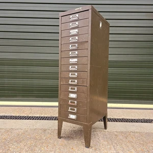 Vintage Industrial 15 Drawer All Steel Filing Cabinet On Legs - Green - Picture 1 of 16