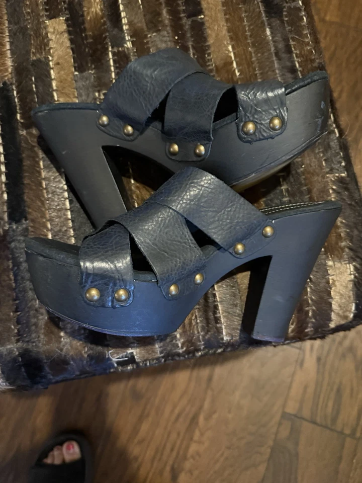 Sandalias de plataforma retro de cuero auténtico negras de colección años 70’s, para mujer talla 10, ¡raras! Foto 1 de 4
