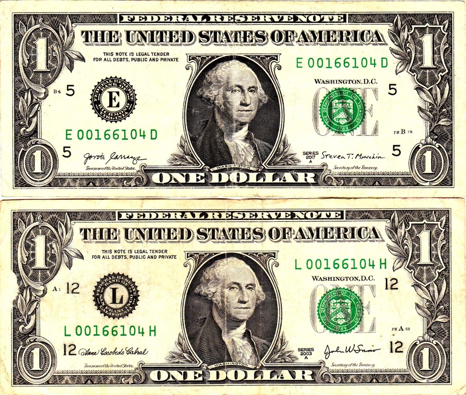 $1 2017A  2003A  Fancy Serial MATCHING LOW SERIALS E00166104D  L00166104H - Image 1 of 1