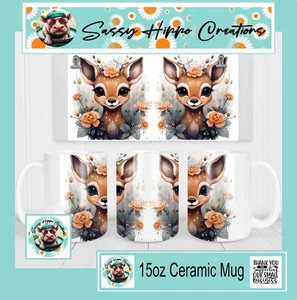 Taza de café de cerámica ciervo del bosque ojos grandes flores 15 oz sublimada a mano - Imagen 1 de 4