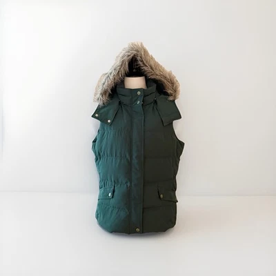 Talbots Goose Down Puffer Vest Size Petite Large PL Green Faux Fur Trim Jacket - Image 1 of 4