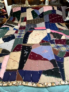 ANTIQUE..HAND SEWN & QUILTED..CRAZY..QUILT..EMBROIDERED..HEAVY.. 83" x 66" - Picture 1 of 6
