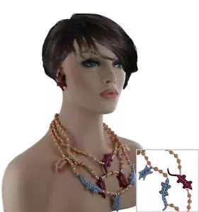Jewelry Set Peach Blue Red Painted Wood Lizard Reptile Necklace Pierced Earrings - Picture 1 of 5