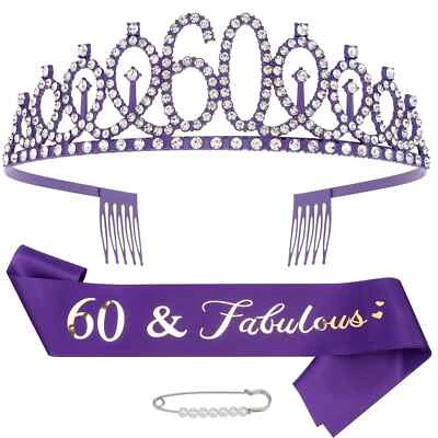 Faixa e tiara de aniversário de 60 anos, tiara roxa, decorações femininas de aniversário de 60 anos - Imagem 1 de 4