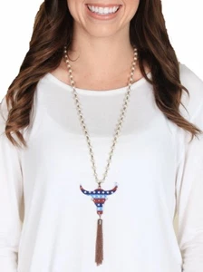 Collar de dirección EE. UU. cuerno largo calavera estrellas patrióticas americanas borla joyería para mujer - Imagen 1 de 1