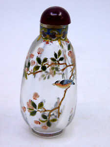 Chinese Hand Enameled Glass Snuff Bottle / Flowers and Birds / 3"