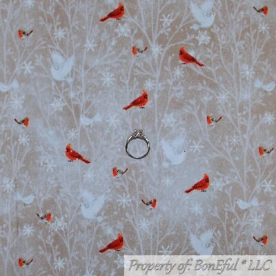 BonEful FABRIC FQ Cotton Quilt Brown White Dove Xmas Forest Tree Red Cardinal US - Image 1 of 4