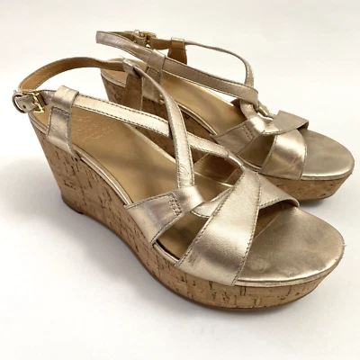 Saks Fifth Avenue 10022 Shoe Wedge Platform Sandals 7 M Gold Ankle Strap Womens - Image 1 of 4