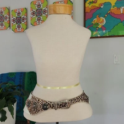 Insane Vintage 80s Rock 'N Roll Glam White Leather Animal Print Pony Hair Belt M - Image 1 of 4