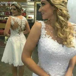White Lace Appliques Short Wedding Dresses Sheer Back Buttons Cheap Short - Picture 1 of 24