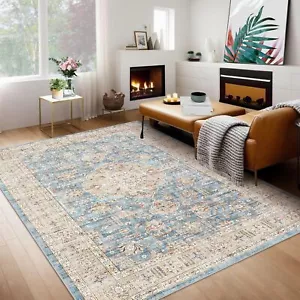 Blue Floral Area Rug 9x12 Machine Washable Non Slip Rugs Carpet Bedroom Home - Picture 1 of 15