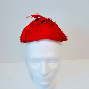 Elsie Red Cocktail Hat Feather Fascinator Headband Lake Forest Illinois Vintage - Picture 1 of 6