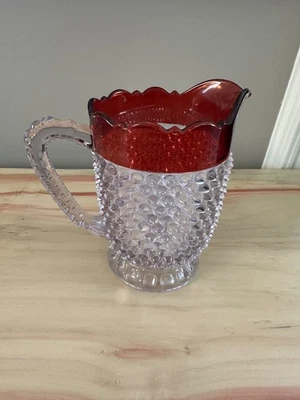 Vintage Clear Glass Pointed Hobnail Footed Pitcher Red Trim - Image 1 of 4