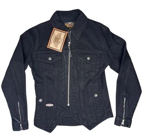 Harley Davidson Black Denim Biker Jacket XS Slim Fit Embroidered Wing Logo NEU - Bild 1 von 6