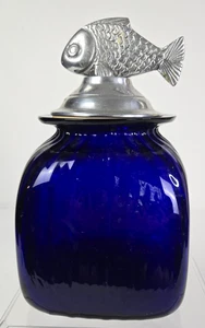 Medium Cobalt Blue Square Ribbed Glass Canister with Fish Pewter Lid, Mexico - Picture 1 of 11