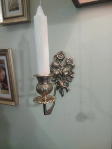 French Art Nouveau Yellow Gold Brass Omalu  Wall Sconce Candle Holder Vintage  - Picture 1 of 21