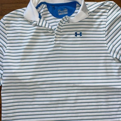 Under Armour Shirt Mens XL White Blue Short Sleeve Striped Polo Heat Gear Golf - Image 1 of 4