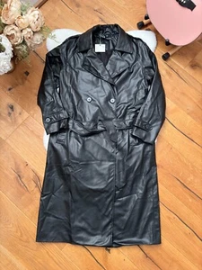 ZARA DOUBLE BREASTED BLACK FAUX LEATHER TRENCH COAT BELT Long size S Small BNWT - Picture 1 of 23